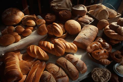 Premium Photo | Different types of bread on the table in a bakery generative ai