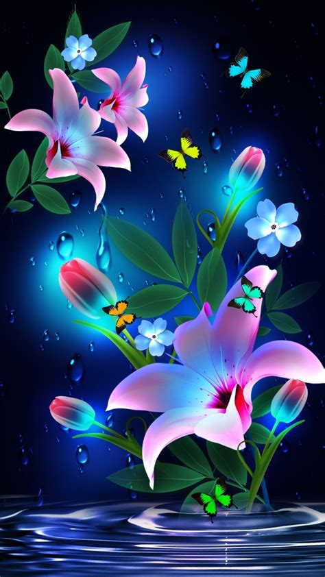 flowers are floating in the water with butterflies flying around them on a dark blue background