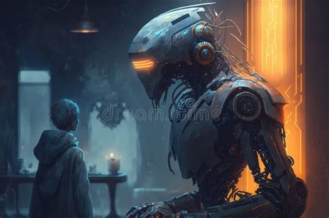 Chatbot Robot in Futuristic Cyberpunk Environment with Holographic Displays Stock Illustration ...