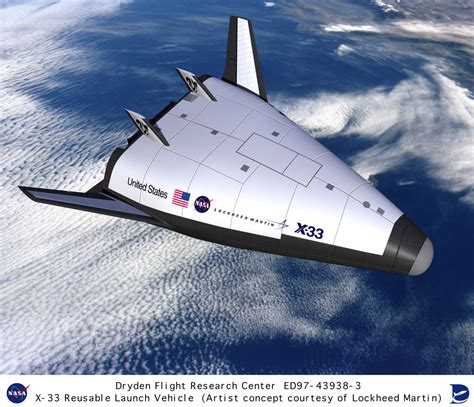 X-33 ED97-43938-3: Computer graphic of Lockheed Martin X-33 Reusable Launch Vehicle over clouds ...