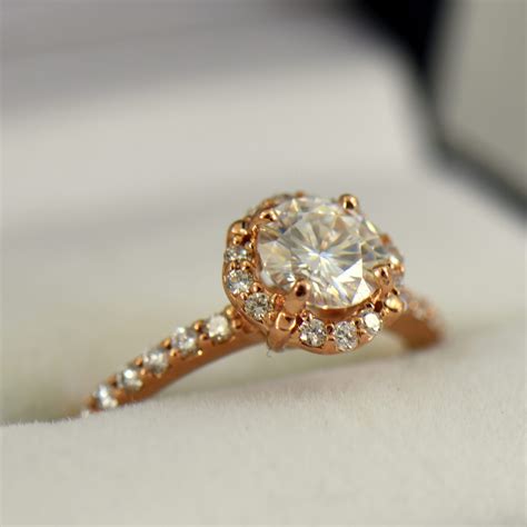 Round Moissanite Halo Engagement Ring in Rose Gold | Exquisite Jewelry ...