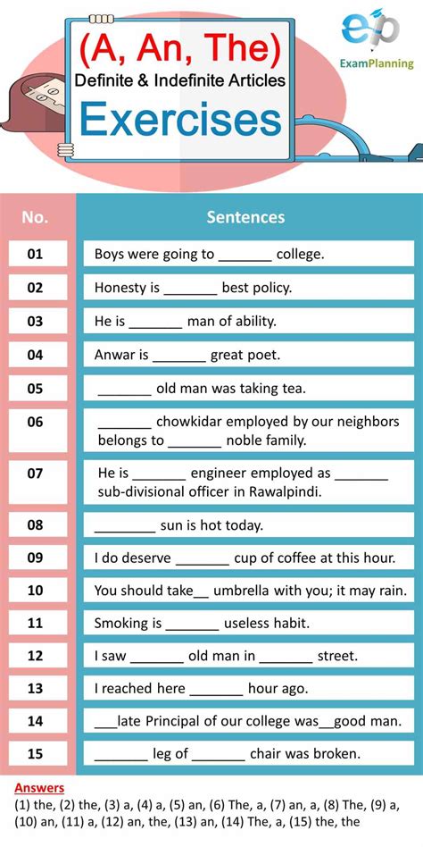 Definite and Indefinite Articles (A, An, The) Examples & Exercises ...