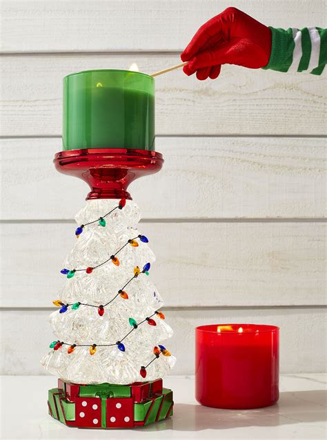 Water Globe Christmas Tree Pedestal 3-Wick Candle Holder | Bath and ...