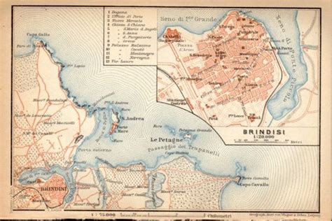 1908 Brindisi, Italy, Antique City Map, Apulia, Puglia, Adriatic Sea, Italia, Pedagne, Italian ...