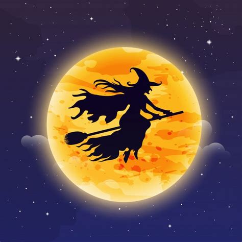 Witch flying on broomstick. halloween illustration. witch silhouette flying in front of the moon ...