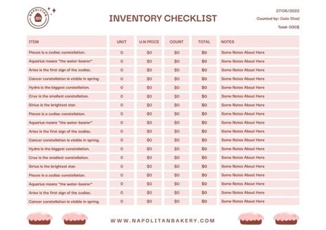 Plantilla gratuita de checklist de inventario para Panadería Napolitana