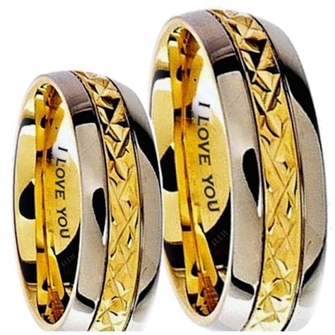 His and Hers Matching Gold Tone I love you Wedding Couple Rings Set