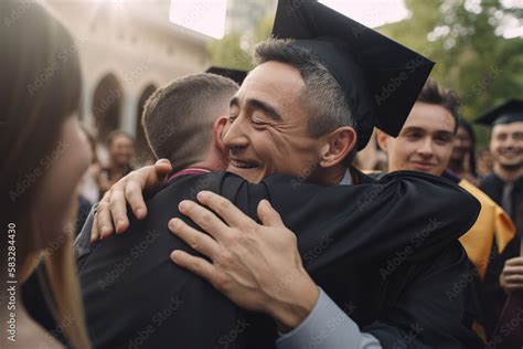 Proud and happy son congratulates his senior father with his graduation and hugs his tightly. AI ...