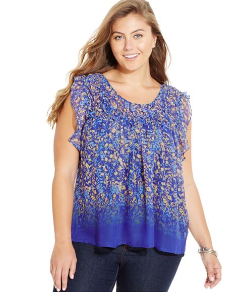 Lyst - Jessica Simpson Plus Size Printed Gathered Chiffon Blouse in Blue