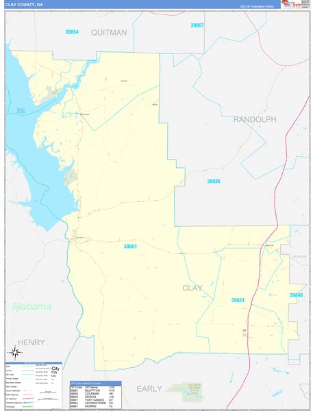 Clay County, GA Zip Code Wall Map Basic Style by MarketMAPS - MapSales