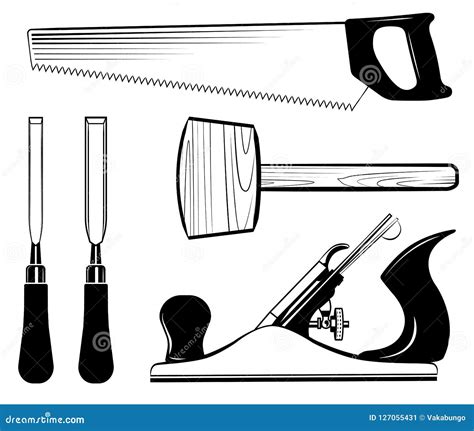 Woodworking and Carpentry Tools Set Vector. Mallet, Jack Plane, Chisel, Saw. Stock Vector ...