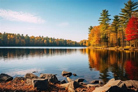 Premium AI Image | a calm lake reflecting the stunning fall colors ...