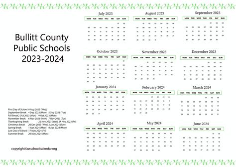 Bullitt County Public Schools Calendar with Holidays 2023-2024