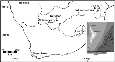 Map showing location of Wonderwerk Cave, Northern Cape Province, South ...