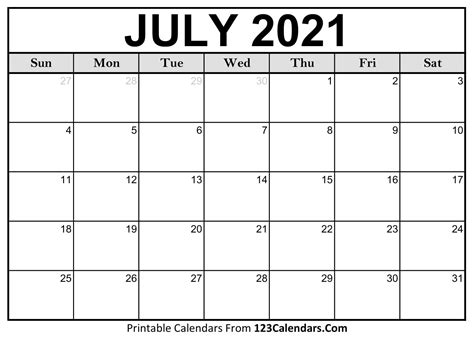 Printable July 2021 Calendar Templates - 123Calendars.com