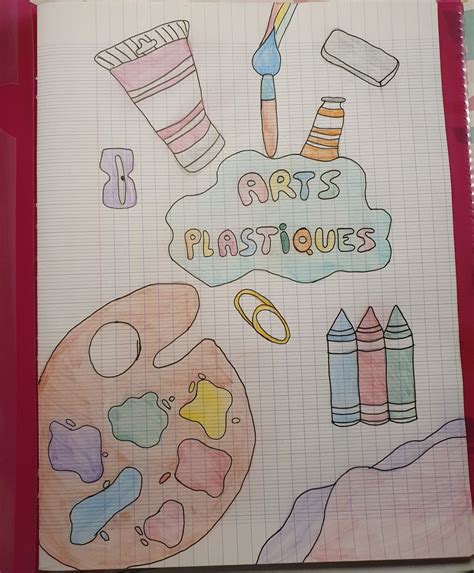 a notebook with art supplies on it and the words art's plastiques written in cursive writing