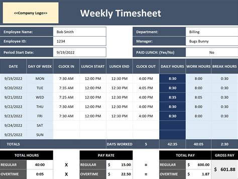 Weekly Employee Timesheet Template Excel With Lunch Breaks and - Etsy