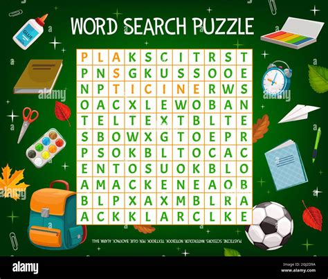 Word puzzle game grid with cartoon school education items and schoolbag, vector. Word quiz or ...