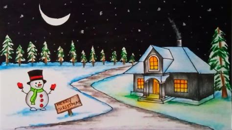 Christmas Drawings - How To Draw a Christmas Scene with Snowman || Christmas Festival Drawing ...