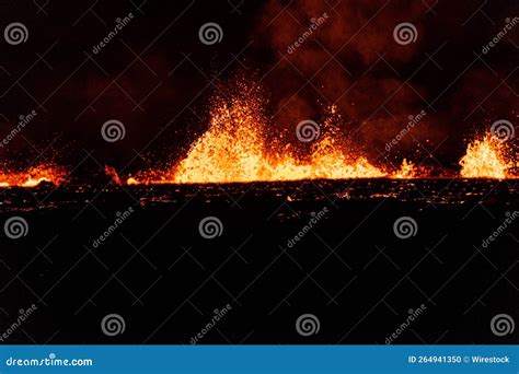 Aerial View of the Volcano Eruption at Night Stock Photo - Image of ...