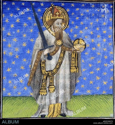 Germany / France: Holy Roman Emperor Charlemagne holding an orb and a sword; miniature from a ...