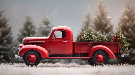 Red Truck With Christmas Tree In Winter Background, Red Truck Christmas Picture, Truck, Red ...