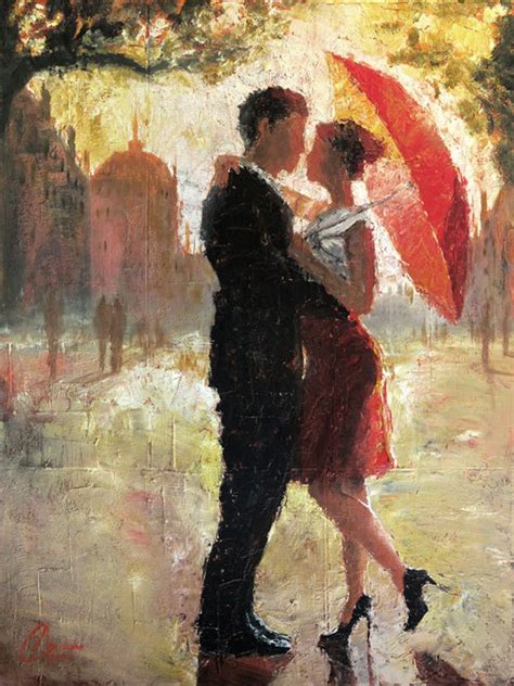 Items similar to Original oil painting, romantic couple in the city with red umbrella, "Red ...