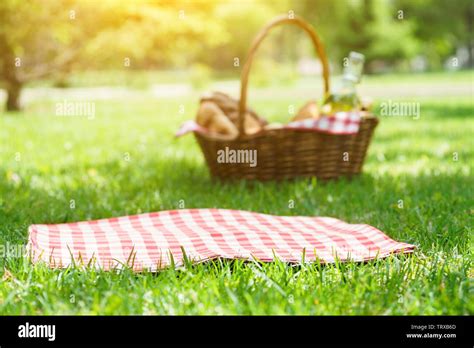 Wicker picnic basket with food and red checkered tablecloth on the ...