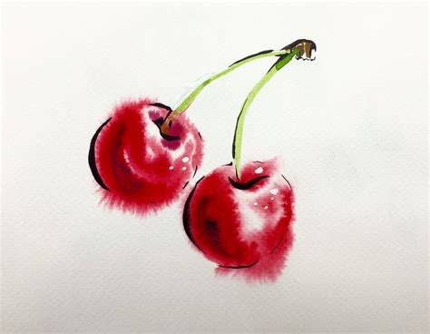 Cherry Watercolor Painting by @catcopylove | 絵手紙