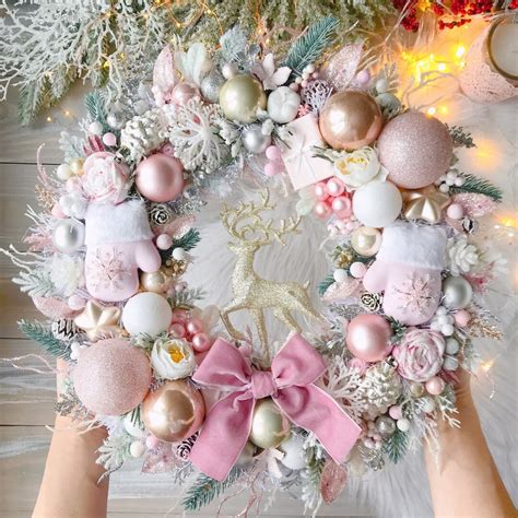 Luxury Christmas Wreath 13.7 Pink Christmas Wreath Gold Pink Winter ...