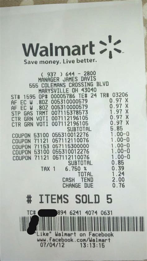 the receipt for walmart's $ 5 00 per pound