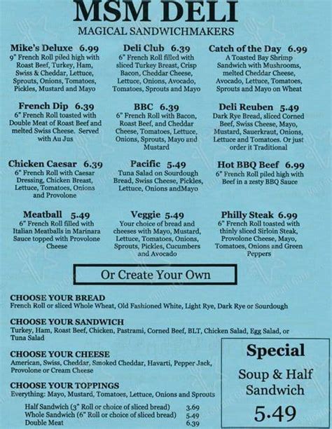 Menu at MSM Deli restaurant, Tacoma