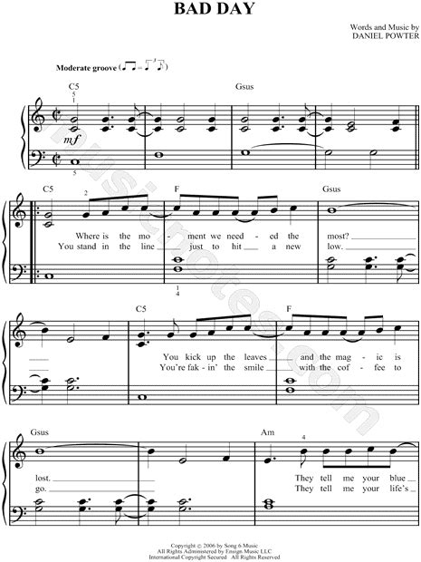 Bad Day Daniel Powter Piano Sheet Music Free