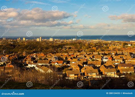 Aerial View of a Suburban Area Near a Large City with a Sea in the Background Stock Image ...