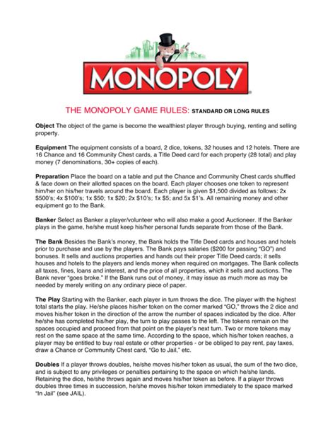 THE MONOPOLY GAME RULES: STANDARD OR LONG RULES