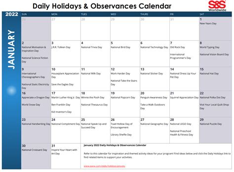 January Daily Holidays & Observances Printable Calendar - S&S Blog