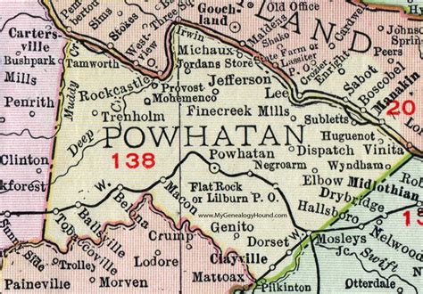 Powhatan County, Virginia, Map, 1911, Rand McNally, Michaux, Huguenot, Fine Creek Mills, Belona ...