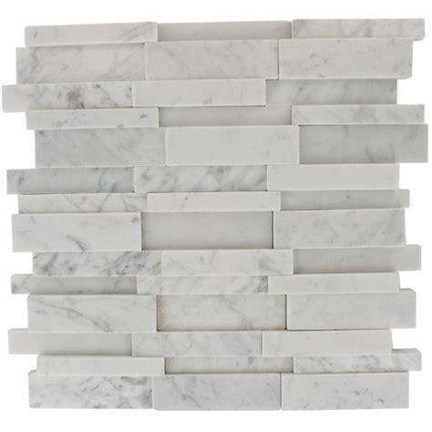 Splashback Tile Dimension 3D Brick White Carrera Stone 12 in. x 12 in. x 8 mm Marble Mosaic Wall ...