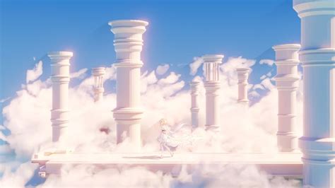 an animated image of a woman standing on a platform surrounded by white pillars and clouds