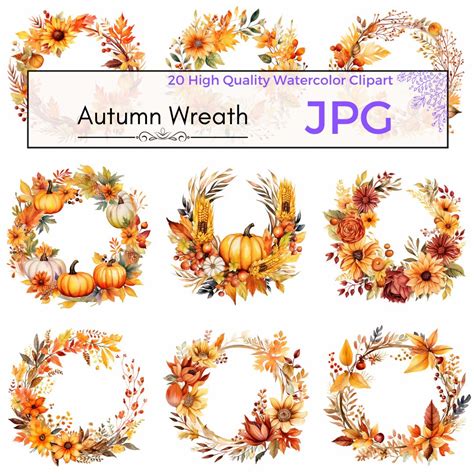 Watercolor Autumn Wreath Clipart, Autumn Clipart Fall Sublimation Wreath Jpg Clipart, Prints ...