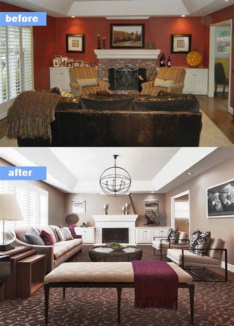 Living Room Before & After make over update staging. Neutralized wall paint, painted brick ...