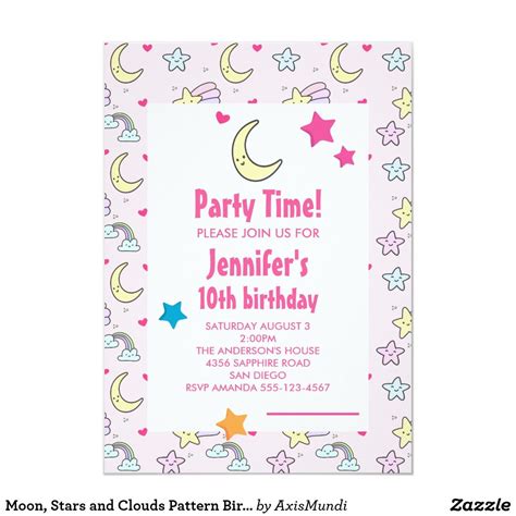 Moon, Stars and Clouds Pattern Birthday Party Invitation | Birthday ...