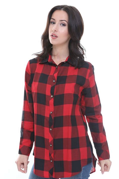 Womens Checked Shirt Ladies Red & Black Plaid Check Casual Shirt Summer ...