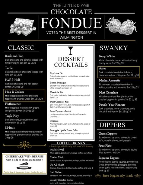 Menus - Fondue Restaurant Wilmington North Carolina | The Little Dipper Fondue on Front