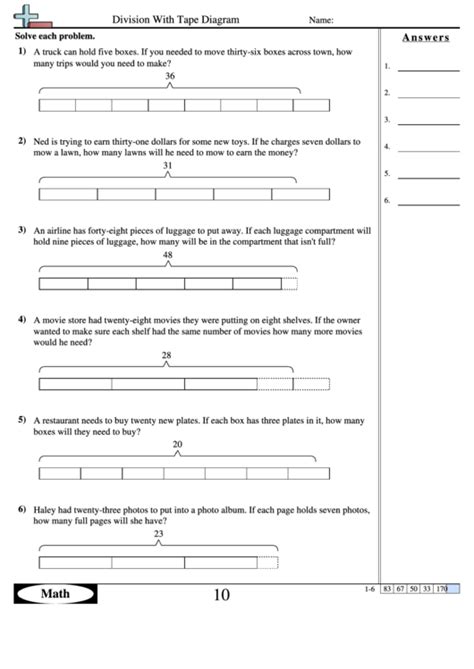 Division With Tape Diagram - Division Worksheet With Answers printable pdf download