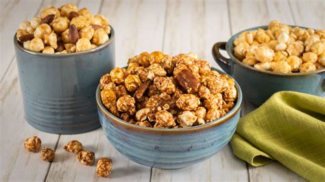 Our gourmet popcorn flavors displayed on a table