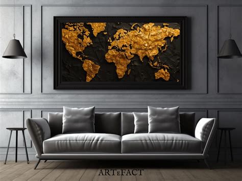 Modern World Map Black and Gold Digital Wall Art, Abstract World Map ...