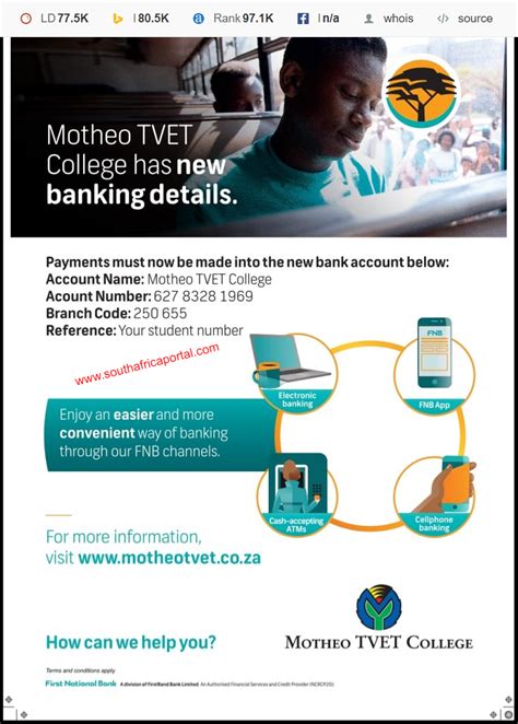 Motheo TVET College Banking Details & Fees 2025/2026 - South Africa Portal