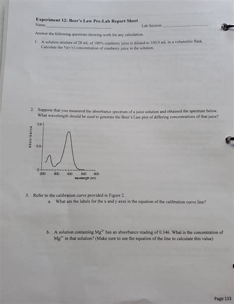 Solved Experiment 12: Beer's Law Pre-Lab Report Sheet Name | Chegg.com