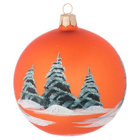 Christmas bauble in orange blown glass with decoupage landscape 100mm | online sales on HOLYART ...